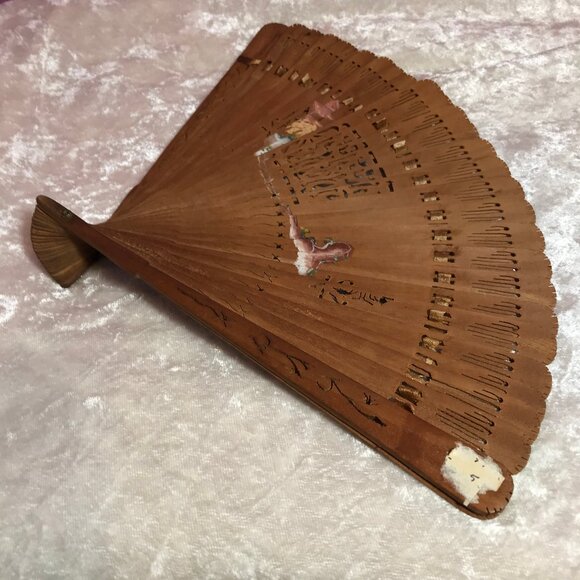 Vintage Brown Hand-Painted Japanese Fan Woman Sitting Cutout Home Decor GUC Gift - Picture 3 of 8